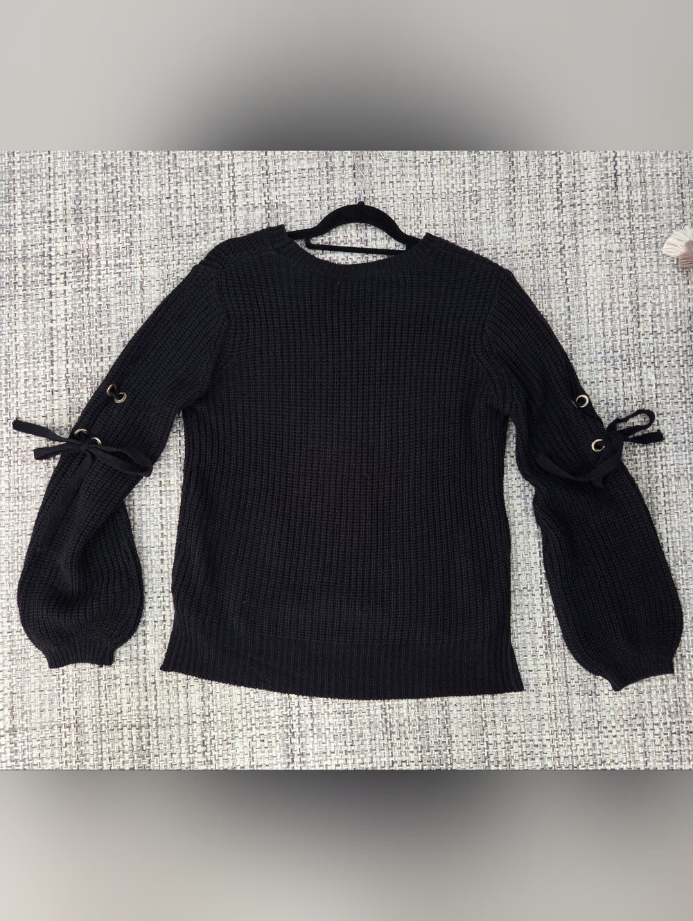 Moral Fiber Black Chunky Knit Lace Up Grommet Sleeve Sweater